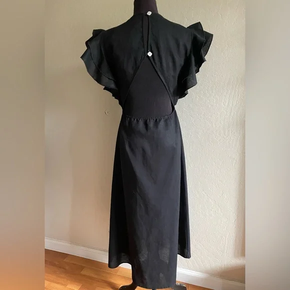 Linen cocktail Black Dress with Ruffle Sleeves - Picture 13 of 17